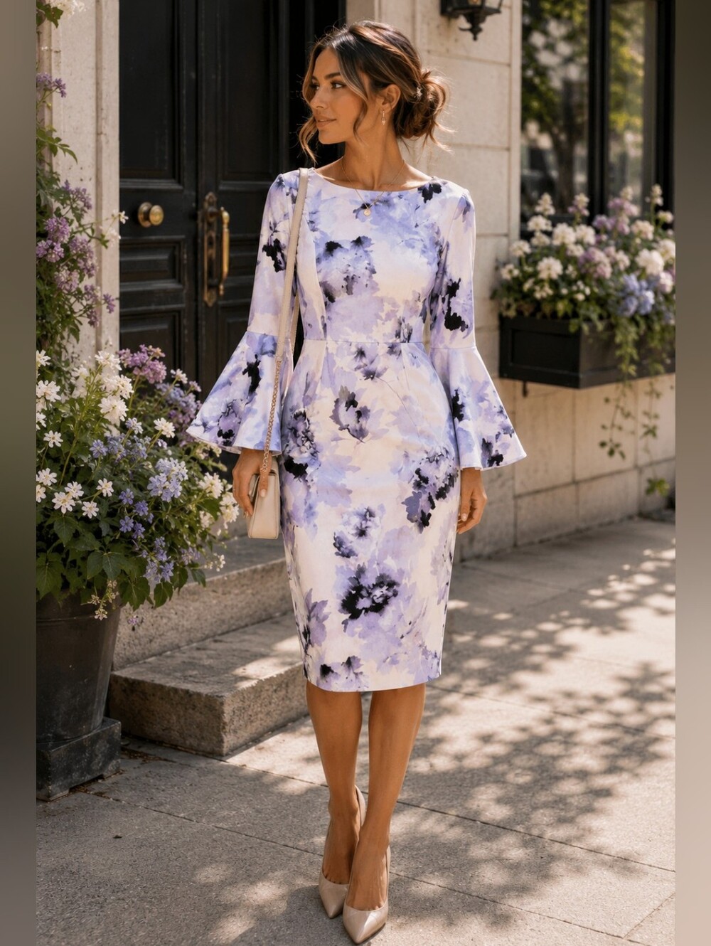 Calvin Klein Lavender and Black Floral Bell-Sleeve Midi Dress